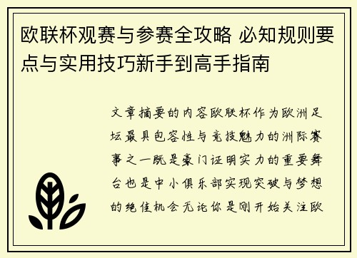 欧联杯观赛与参赛全攻略 必知规则要点与实用技巧新手到高手指南